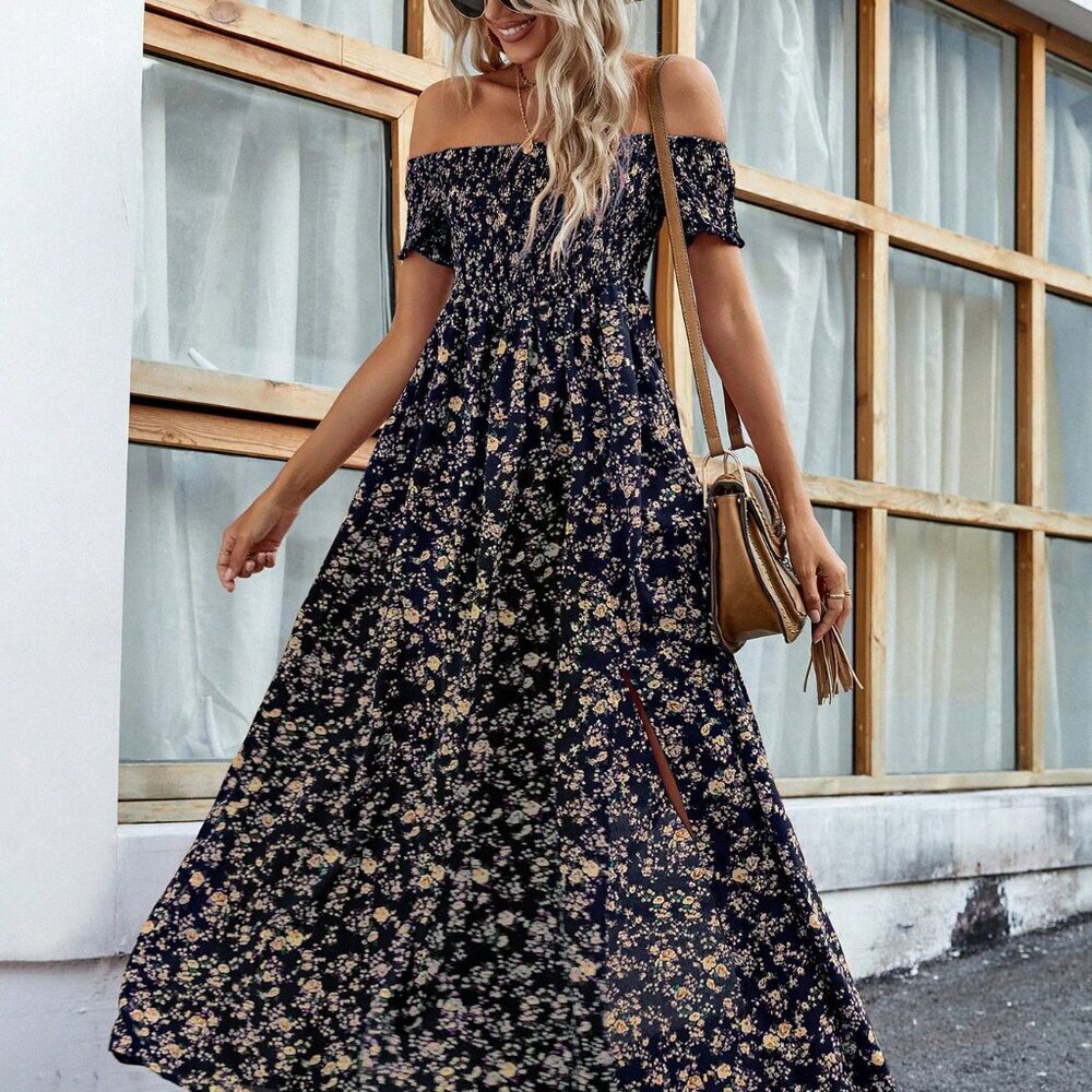 Multicolor Boho Women's Off Shoulder Ditsy Floral High Split Maxi Dress - Picture 3 of 6